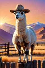 Fotobehang Cute cartoon llama cowboy. art illustration of an animal in wild west. © olenakucher