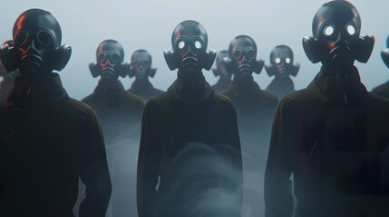 Anonymous figures in gas masks symbolizing resistance against a totalitarian regime in a surveillance-controlled society Eerie fog surrounds them 3D render - obrazy, fototapety, plakaty