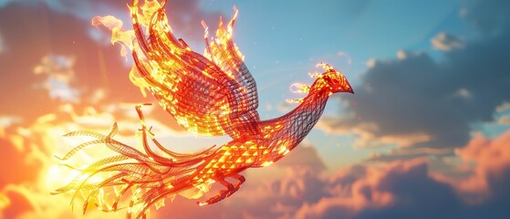 Cybernetic phoenix flames woven into its wings - obrazy, fototapety, plakaty