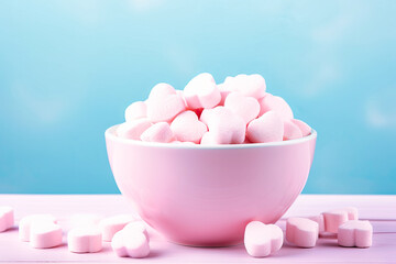 A heart-shaped bowl is filled with small pink and white hearts, creating a lovely and romantic display. The contrast between the colors enhances the visual appeal of the arrangement.