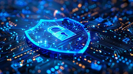 Glowing Blue Cybersecurity Shield on Digital Circuit Board