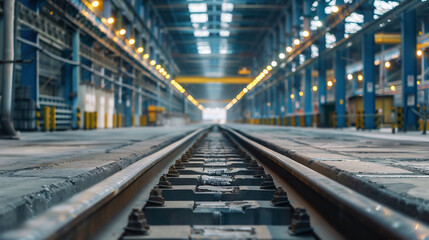 Fototapeta na wymiar Train tracks cut through an expansive warehouse, highlighting the scale and modern infrastructure