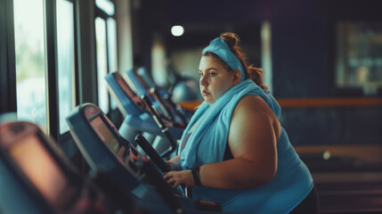 Fototapeta na wymiar Focused fat Woman Exercising on Trainer, A determined woman using an trainer in a gym, concentrating on her fitness goals.
