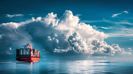 A large cargo ship carrying containers sails through the vast expanse of the ocean