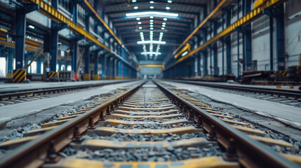 Fototapeta na wymiar Train tracks cut through an expansive warehouse, highlighting the scale and modern infrastructure