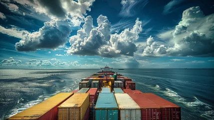 Foto op Canvas A large cargo ship floats on a vast body of water, transporting containers across the sea © Anoo
