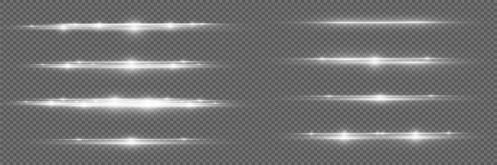 Light rays, flash of white horizontal highlights. Pack of laser lines with a glare of light. On a transparent background.