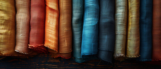 Fototapeta na wymiar Colorful silk fabrics, shiny, tailor, heap, industry, textile industry