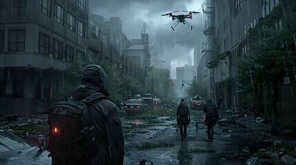 Fugitive group sneaking through abandoned city streets evading surveillance drones in a post-apocalyptic setting Stormy weather adds tension Photography - obrazy, fototapety, plakaty