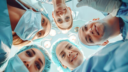 A group of funny and cheerful doctors standing in a circle, sharing smiles and camaraderie in their surgical gear