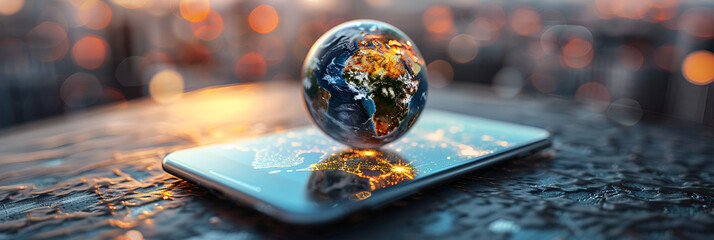 globe on tab Communication technology for internet business with bokeh background