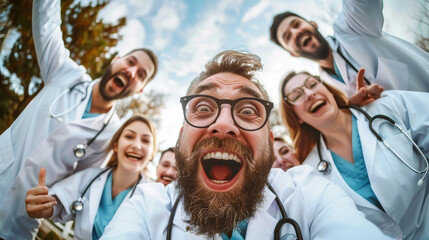 A group of cheerful doctors celebrating success with their arms raised in the air