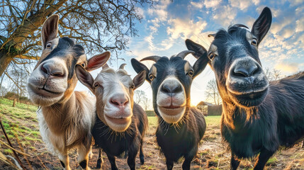 A group of goats standing closely together, their coats ranging from white to brown, creating a harmonious scene in a rural pasture - obrazy, fototapety, plakaty