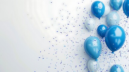 Happy birthday text in white board space with flying blue balloons and confetti element for birth day celebration