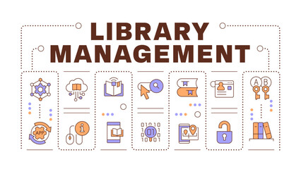 Library management word concept isolated on white. Resource management. Information security measures. Creative illustration banner surrounded by editable line colorful icons. Hubot Sans font used © bsd studio