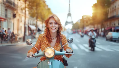 Selbstklebende Fototapeten Embracing Life's Journey: smiling young woman on motor Scooter riding Paris streets with Eiffel Tower background, Celebrating life Benefits, Joyful Parisian Adventures. Happy people, traveling concept © Train arrival