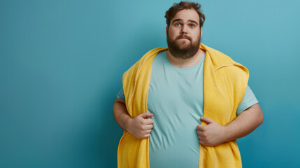 Fototapeta premium A fat young man is tired after training, on a blue background.