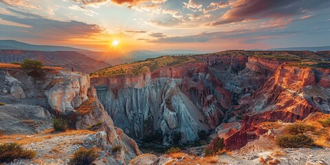 Vibrant summer canyon landscape with a stunning sunset backdrop, perfect for nature lovers exploring the breathtaking Tasyaran Canyon in the magnificent Great Valley of Turkey.