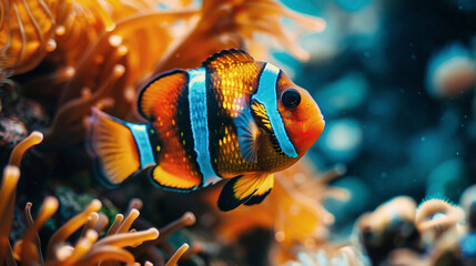 Naklejka na ściany i meble Vibrant Orange and Blue Clown Fish in Aquarium