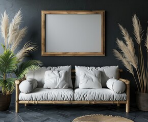 Oak Wood Rectangle Frame Mockup Beside Sofa on Black Wall