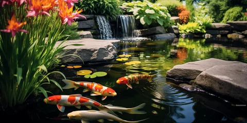 Foto op Canvas A tranquil garden pond teeming with water lilies and koi fish, reflecting the clear blue sky. © Kaneez