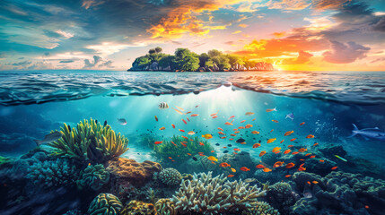 Fototapeta na wymiar A vibrant painting of a tropical ocean scene showcasing colorful corals and various fish swimming in crystal clear water