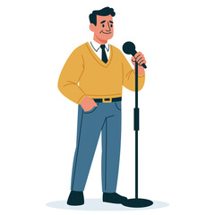 Flat vector illustration. a man in age stands and says something into a microphone, a speaker, a coach. Vector illustration