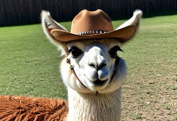 Fototapeta premium Cute cartoon llama cowboy. art illustration of an animal in wild west.