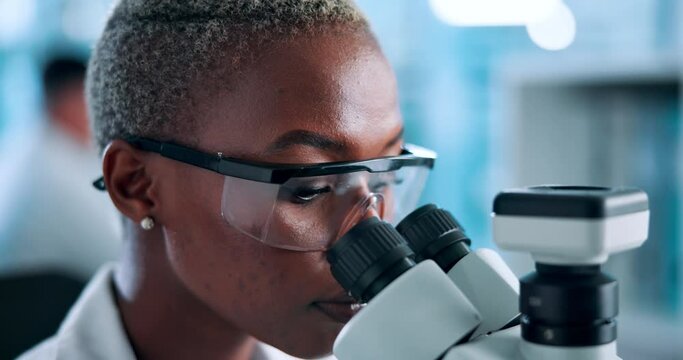 Research, microscope and black woman scientist in a lab for medical, experiment or results investigation. Science, healthcare and African health expert with bacteria study, virus or dna analysis