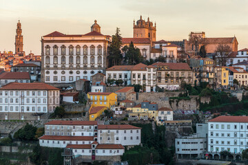 Bishops Palace, Clerigos church tower and Se Cathedral in Porto, Portugal