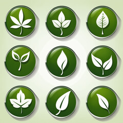 Icons of nine green circles with silver borders and white leaf icons in the center. The leaves range from simple lines to more complex shapes. The background is a light green color. - obrazy, fototapety, plakaty
