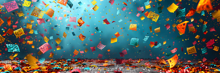 Colorful festive paper flags used in Mexican,
A man is throwing confetti on a blue background - obrazy, fototapety, plakaty