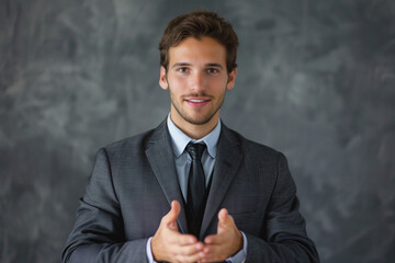 Young businessman clapping hands, cheerful, professional occupation, manager, corporate business, standing - obrazy, fototapety, plakaty