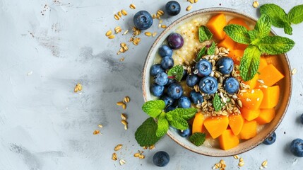 Millet porridge with blueberries, pumpkin and mango in a bowl - obrazy, fototapety, plakaty