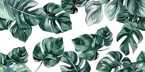 A vintage-themed seamless floral pattern featuring a green and black split-leaf Philodendron plant with vines on a white background. - obrazy, fototapety, plakaty