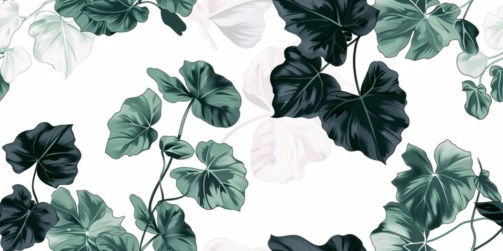 A vintage-inspired, pastel floral pattern featuring a split-leaf Philodendron plant with vines on a white backdrop.
