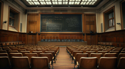 Classic University Lecture Hall with Chalkboard, Empty wooden seats face a large chalkboard filled with notes in a traditional university lecture hall setting.