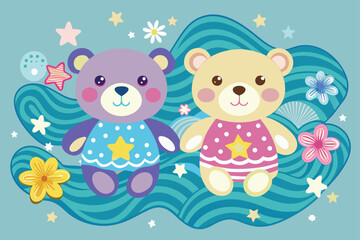Obraz na płótnie Canvas -cute-2teddy-bear-with-flowers--stars-and-waves-pa.eps