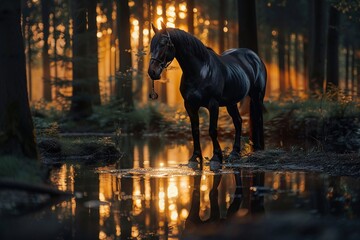 Beautiful horse in the woods at sunset, reflection on water and trees, dark forest, cinematic, mysterious atmosphere, black stallion with br classical gait standing by small puddle - obrazy, fototapety, plakaty