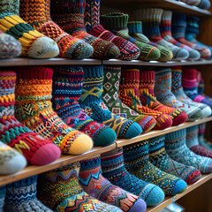 Adorning Store Shelves Colorful Woolen Socks and Gloves,
Socks made from wool at stalls during Christmas Market in Riga - obrazy, fototapety, plakaty