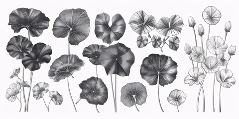 Hand-drawn monochrome illustration set of Centella asiatica flower leaf, featuring graphic design elements for labels, stickers, menus, and packaging, with an engraved style. - obrazy, fototapety, plakaty