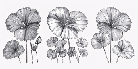 A collection of hand-drawn illustrations featuring the gotu kola Centella asiatica flower and leaf, in a graphic, engraved style for use on labels, stickers, menus, and packaging. - obrazy, fototapety, plakaty