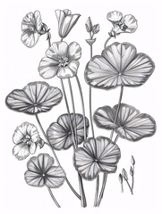 A hand-drawn set of black and white illustrations featuring gotu kola Centella asiatica flower and leaf, with graphic-style elements for labels, stickers, menus, and packaging. Engraved design.