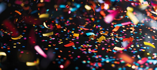 Colorful confetti falling on black background, festive and celebratory background for New Year or other events withcopy space. colorful confettis from top to bottom
