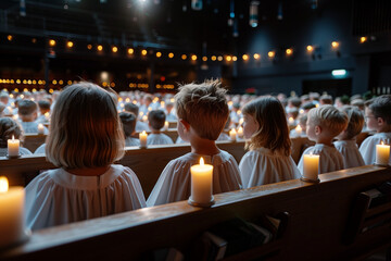 children church choir sings a prayer in the church for christmas with candles in hand