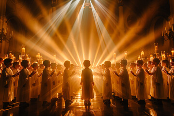 children's choir singing in church, wearing traditional choir clothes. Kids singing in catholic church with sunlight rays - obrazy, fototapety, plakaty