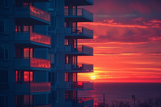 Picture of apartment at dusk with sunset.