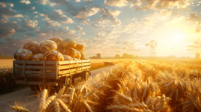Cargo truck full of bakery products on the road in the ripe wheat field with windmill and sunset. Concept of high quality food products, local farming, cargo and shipping.