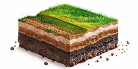 Illustration of green lawn and subterranean soil levels below layer of natural elements sediment loam and dirt Isometric soil layers on a blank background. - 775802779