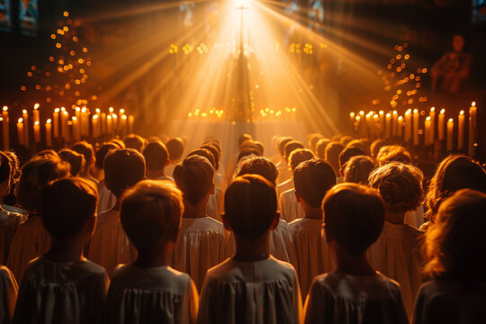 children's choir singing in church, wearing traditional choir clothes. Kids singing in catholic church with sunlight rays